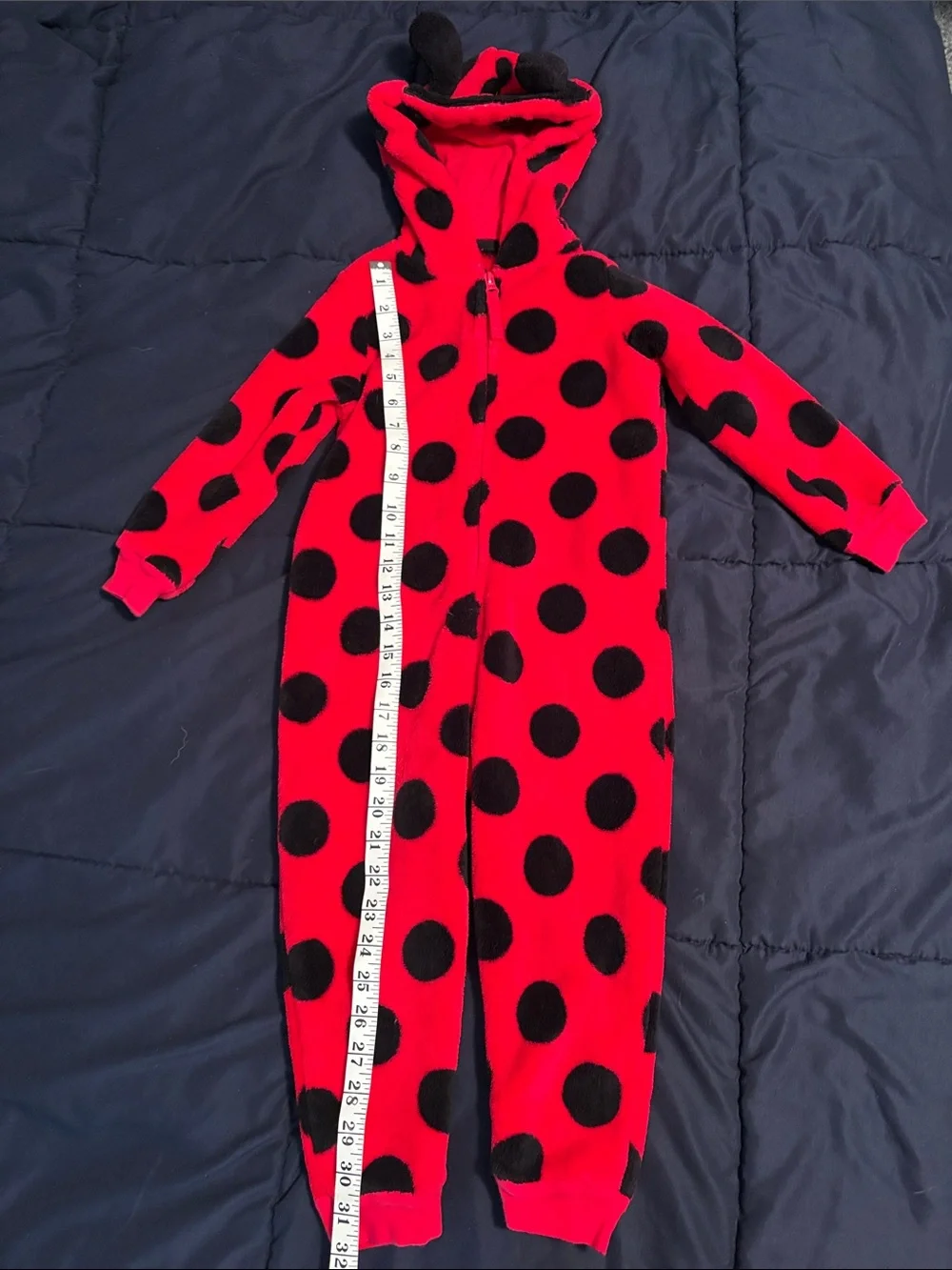 Ladybug Red and Black Polka Dot Kids One-Piece Hooded Fleece Jumpsuit